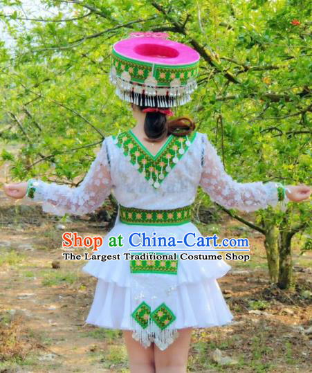 China Nationality White Blouse and Short Skirt Miao Minority Dance Clothing Ethnic Women Fashion and Hat