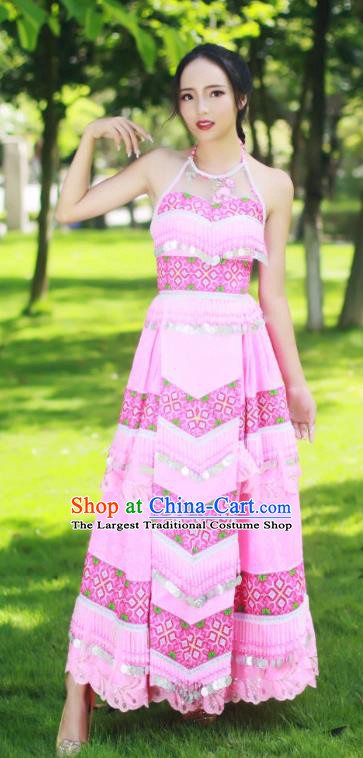 Top Quality Guizhou Minority Sexy Pink Dress Festival Celebration Dance Costumes China Yao National Ethnic Bride Apparels