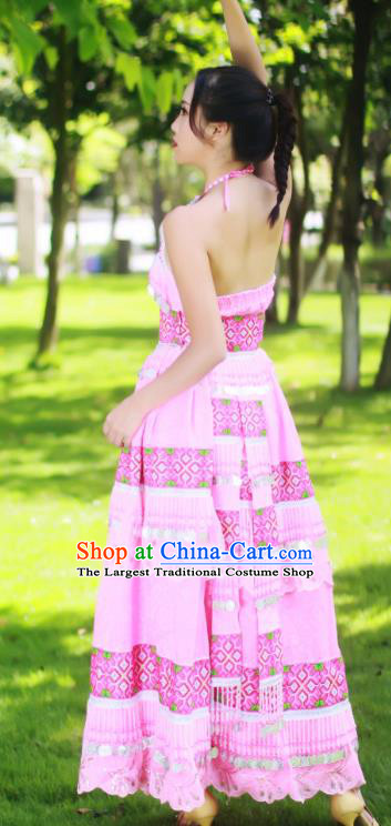 Top Quality Guizhou Minority Sexy Pink Dress Festival Celebration Dance Costumes China Yao National Ethnic Bride Apparels