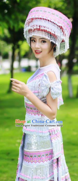Guizhou Miao Minority Sexy Dress Traditional Festival Celebration Dance Costumes China Ethnic Bride Apparels and Hat
