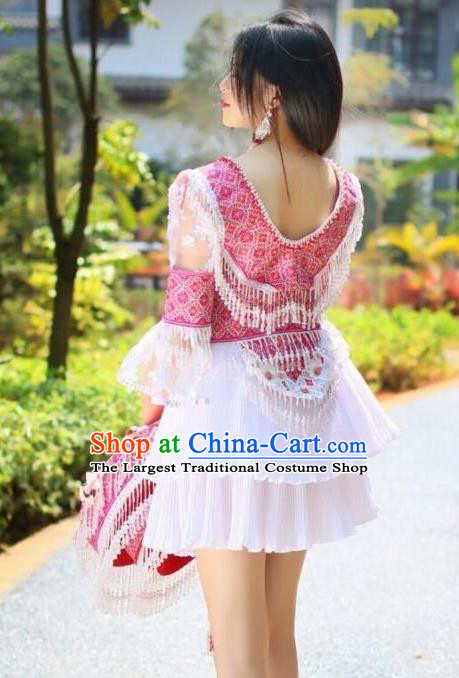 Travel Photography Ethnic Costumes China Miao Nationality Clothing Rosy Blouse and Short Skirt with Headwear