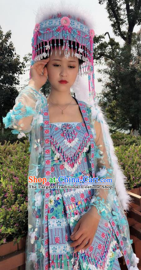 China Yunnan Minority Costumes Traditional Ethnic Folk Dance Apparels Miao Nationality Outer Wear and Short Dress and Hat