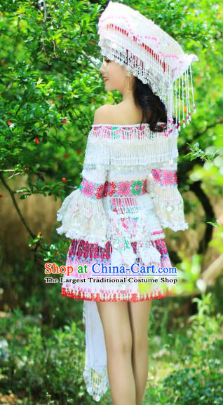 China Wenshan Miao Minority Costumes Traditional Yunnan Ethnic Folk Dance Apparels Nationality White Short Dress and Headwear