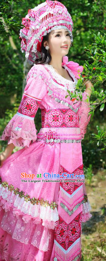 China Yao Minority Costumes Traditional Ethnic Folk Dance Apparels Tujia Nationality Bride Pink Long Dress and Headdress