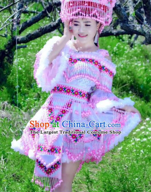 China Guizhou Minority Costumes and Headdress Nationality Bride Short Dress Traditional Ethnic Folk Dance Apparels