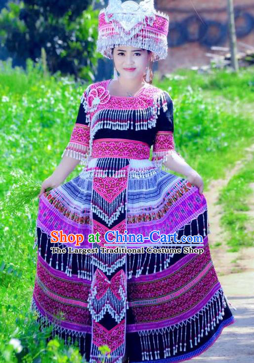 China Wenshan Miao Nationality Long Dress and Hat Traditional Ethnic Folk Dance Apparels Yunnan Minority Costumes