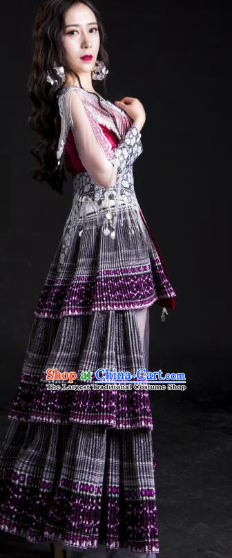 China Yunnan Nationality Traditional Short Dress and Headwear Wenshan Minority Embroidered Costumes Ethnic Folk Dance Apparels