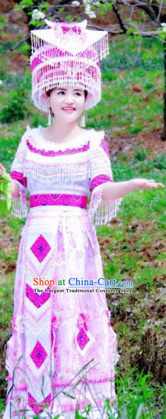 China Traditional Yao Ethnic Folk Dance Apparels Guizhou Minority Stage Performance Long Dress Nationality Wedding Costumes and Headdress