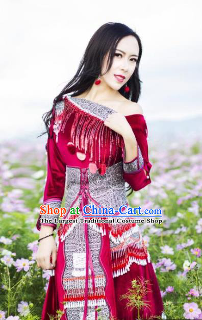 Guangxi Ethnic Women Apparels Minority Wedding Costumes China Nationality Wine Red Dress and Hat