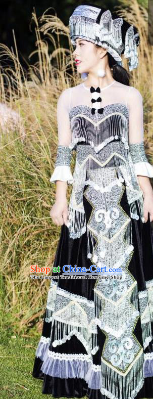 Yunnan Ethnic Women Apparels Miao Minority Wedding Costumes China Nationality Black Long Dress and Headwear