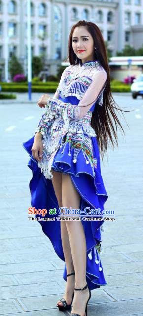 China Traditional Yi Ethnic Apparels Nationality Folk Dance Costumes Minority Stage Performance Royalblue Dress and Headdress
