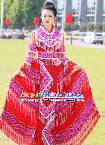 China Miao Nationality Bride Red Dress Ethnic Stage Performance Clothing Travel Photography Costumes with Headdress
