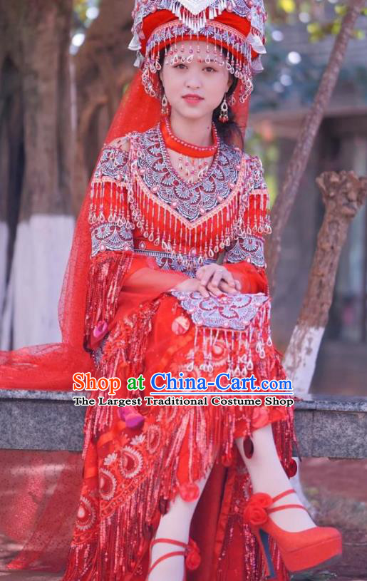 China Miao Ethnic Bride Red Wedding Dress Miao Nationality Women Clothing Folk Dance Costumes with Headwear