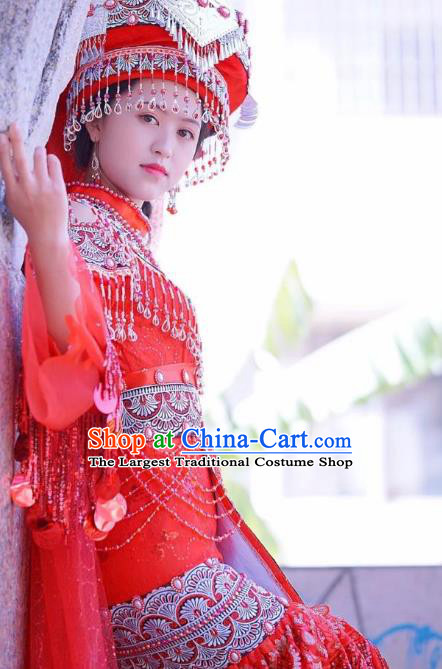 China Miao Ethnic Bride Red Wedding Dress Miao Nationality Women Clothing Folk Dance Costumes with Headwear