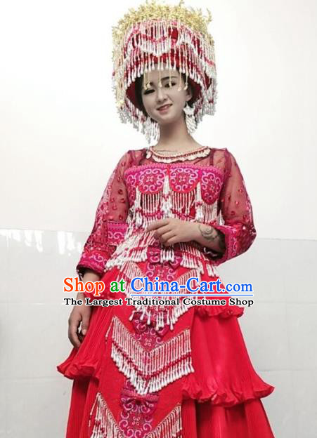 China Yunnan Miao Ethnic Bride Clothing Travel Photography Red Dress Minority Wedding Costume with Headpiece