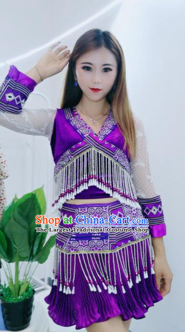 China Ethnic Purple Blouse and Short Skirt Nationality Female Stage Performance Costumes Minority Clothing