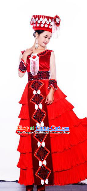 Miao Ethnic Folk Dance Red Dress China Yunnan Minority Clothing Travel Photography Costume with Headwear