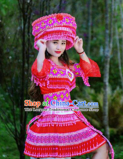 China Stage Show Costumes Fashion Yi Minority Female Costume Ethnic Folk Dance Red Clothing Travel Photography Dresses with Headwear