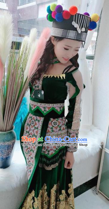 China Ethnic Folk Dance Deep Green Velvet Dress Guizhou Miao Minority Traditional Clothing Travel Photography Fashion with Hat