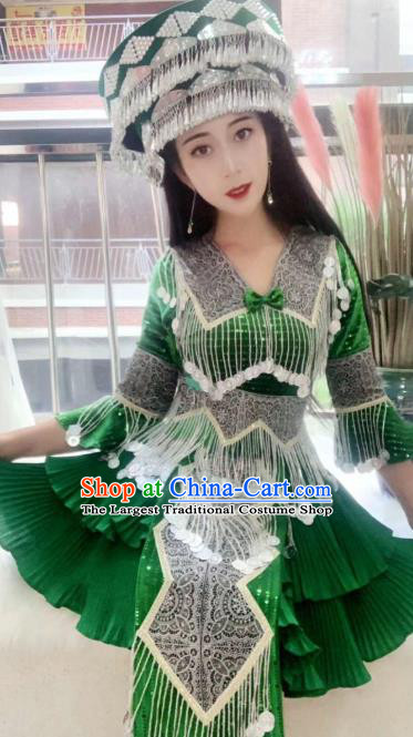 China Wenshan Miao Minority Clothing Travel Photography Green Blouse and Short Skirt Ethnic Women Fashion Costumes with Hat