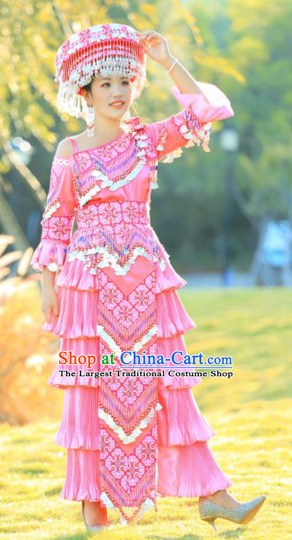 Miao Minority Nationality One Shoulder Dress China Miao Ethnic Celebration Costume Traditional Clothing with Hat