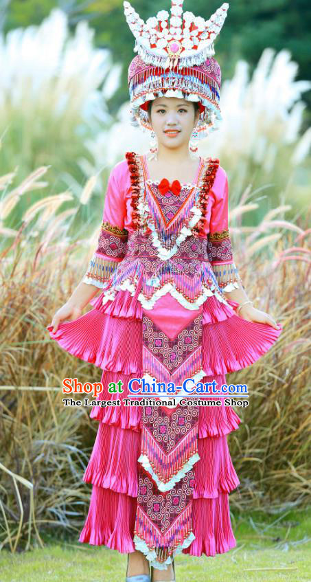 China Ethnic Celebration Costume Traditional Miao Minority Nationality Clothing Rosy Dress with Headwear