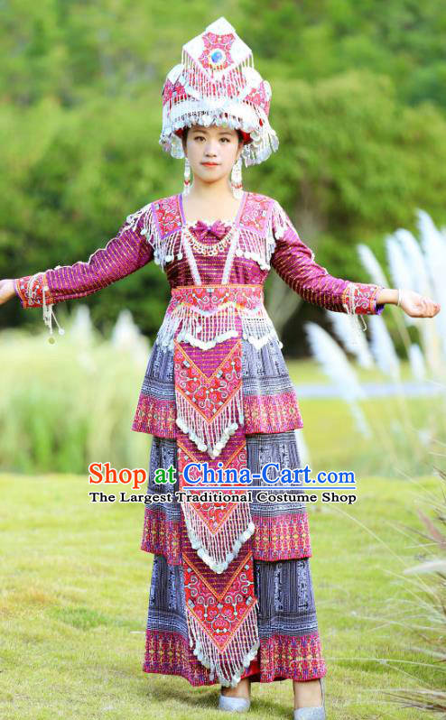 China Ethnic Women Celebration Costume Traditional Miao Minority Nationality Dance Clothing Purple Dress with Headdress