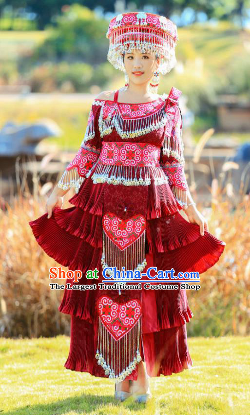 China Ethnic Traditional Festival Costume Miao Minority Nationality Celebration Clothing Deep Red Dress with Headdress
