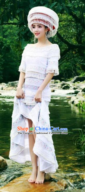 China Miao Nationality White Blouse and Skirt Ethnic Traditional Festival Costume Minority Celebration Clothes with Headdress