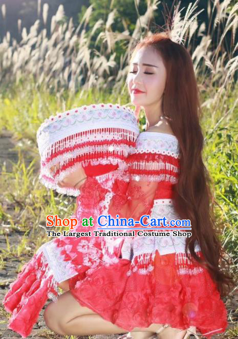 China Minority Celebration Dress Ethnic Miao Nationality Embroidered Rose Red Blouse and Short Skirt Traditional Festival Costume with Headwear