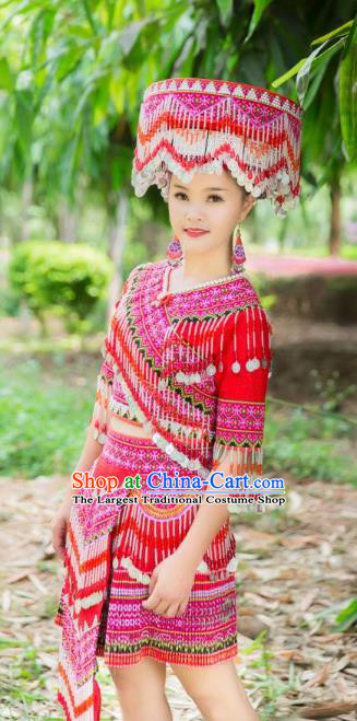 China Guizhou Folk Dance Red Short Dress Miao Minority Female Clothing Tourist Attraction Photography Costumes and Hat