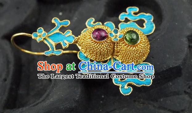Top Grade Chinese Classical Court Gems Bat Earrings Traditional Handmade Golden Gourd Ear Jewelry Qing Dynasty Palace Accessories