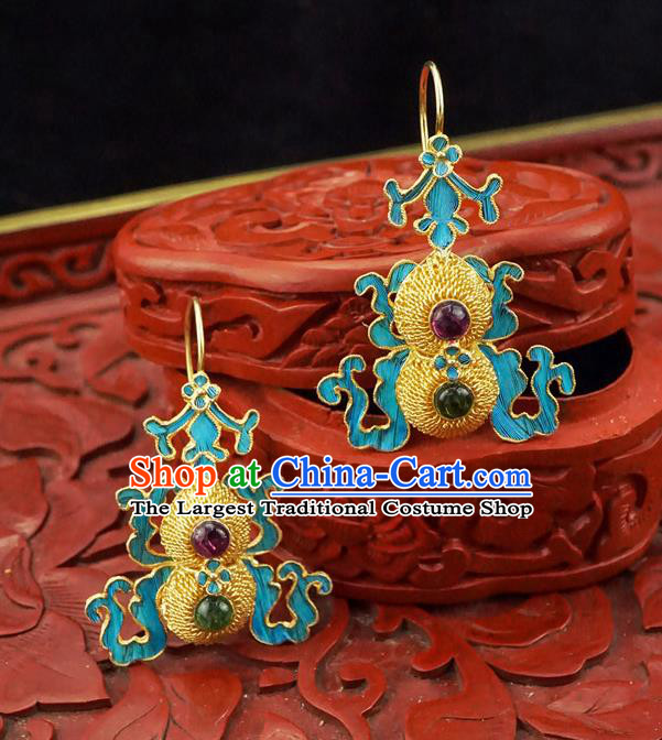 Top Grade Chinese Classical Court Gems Bat Earrings Traditional Handmade Golden Gourd Ear Jewelry Qing Dynasty Palace Accessories