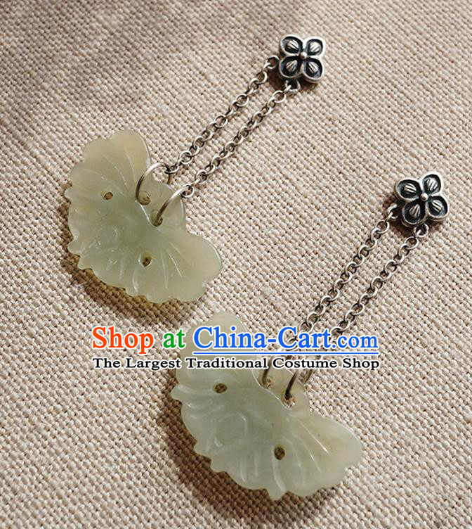 Top Grade Chinese Classical Jade Butterfly Earrings Traditional Handmade Ear Jewelry Cheongsam Silver Accessories