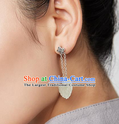Top Grade Chinese Classical Jade Butterfly Earrings Traditional Handmade Ear Jewelry Cheongsam Silver Accessories