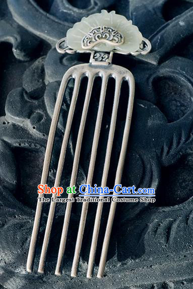 Chinese Classical Silver Carving Hair Comb Hair Accessories Traditional Cheongsam Jade Butterfly Hairpin