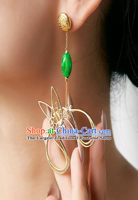 Top Grade Chinese Traditional Cheongsam Accessories Handmade Golden Scissors Ear Jewelry Classical Jade Earrings