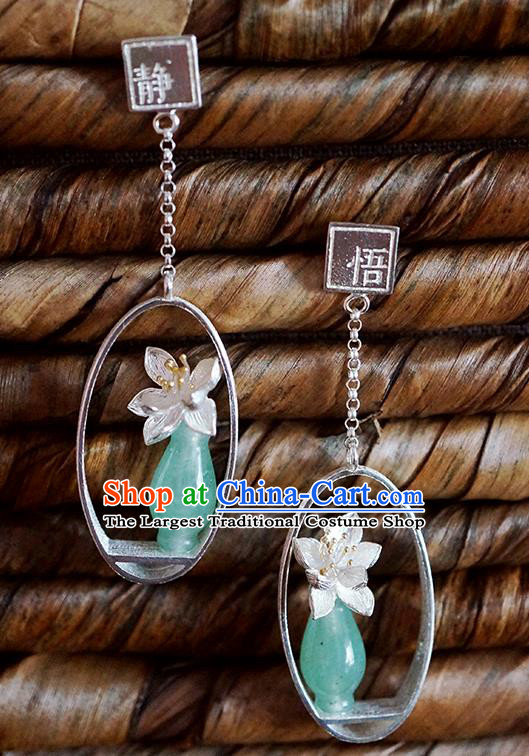 Top Grade Chinese Handmade Silver Orchid Ear Jewelry Traditional Accessories Classical Cheongsam Jade Vase Earrings