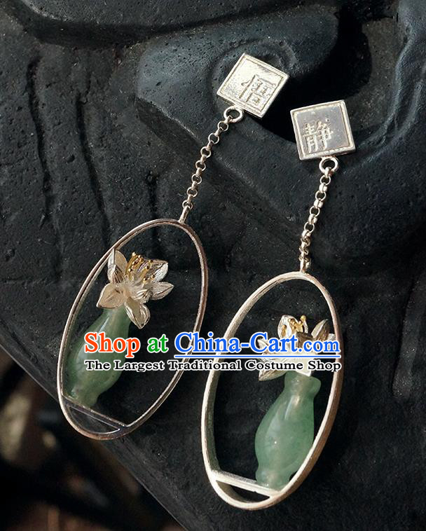 Top Grade Chinese Handmade Silver Orchid Ear Jewelry Traditional Accessories Classical Cheongsam Jade Vase Earrings