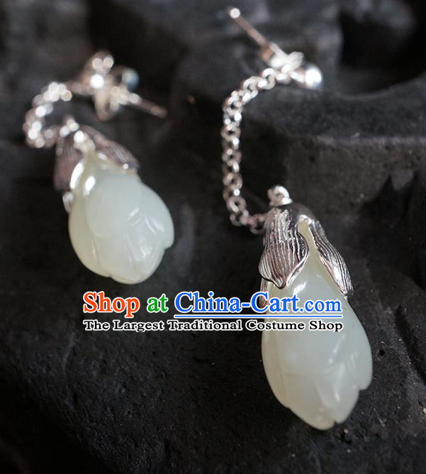 Top Grade Chinese Handmade Silver Ear Jewelry Traditional Accessories Classical Jade Mangnolia Earrings