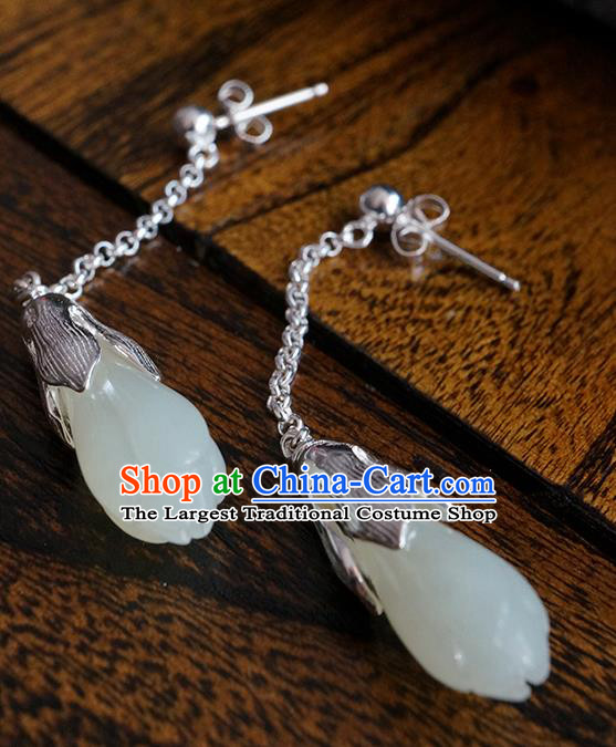 Top Grade Chinese Handmade Silver Ear Jewelry Traditional Accessories Classical Jade Mangnolia Earrings