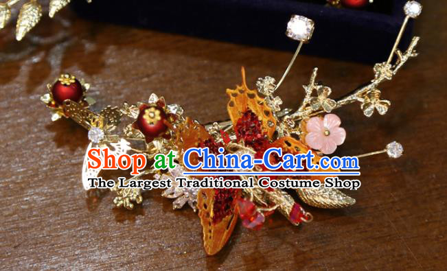 Chinese Classical Red Butterfly Hair Sticks Hair Accessories Traditional Wedding Crystal Hairpins