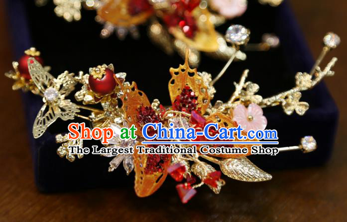 Chinese Classical Red Butterfly Hair Sticks Hair Accessories Traditional Wedding Crystal Hairpins