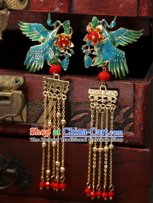 Chinese Classical Blueing Crane Hair Sticks Hair Accessories Traditional Wedding Golden Tassel Hairpins