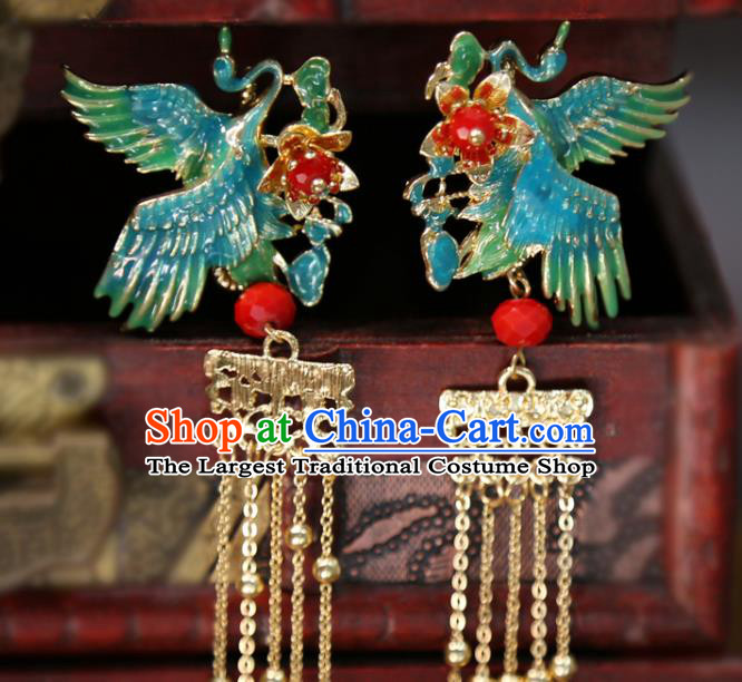 Chinese Classical Blueing Crane Hair Sticks Hair Accessories Traditional Wedding Golden Tassel Hairpins