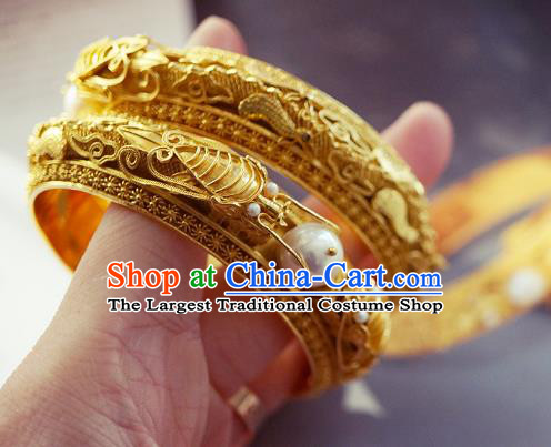 Chinese Traditional Carving Dragon Bangle Accessories Handmade Qing Dynasty Court Golden Bracelet Jewelry