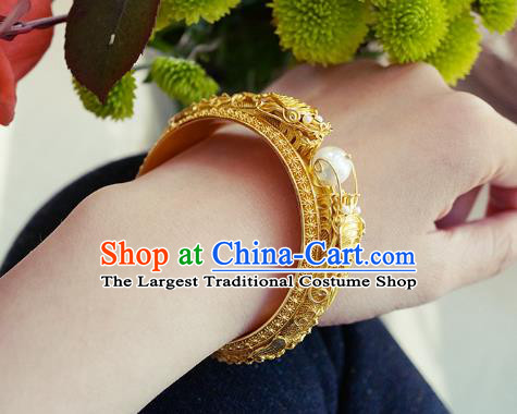 Chinese Traditional Carving Dragon Bangle Accessories Handmade Qing Dynasty Court Golden Bracelet Jewelry