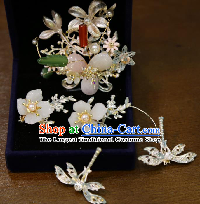 Chinese Wedding Flowers Hairpins Classical Hair Accessories Traditional Argent Dragonfly Hair Sticks Full Set