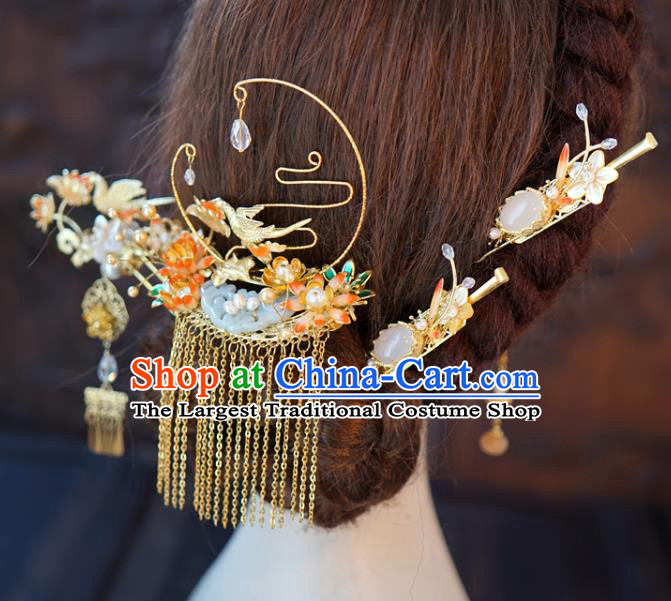 Chinese Wedding Golden Tassel Jade Hair Crown Classical Hair Accessories Traditional Xiuhe Suit Hairpins Full Set