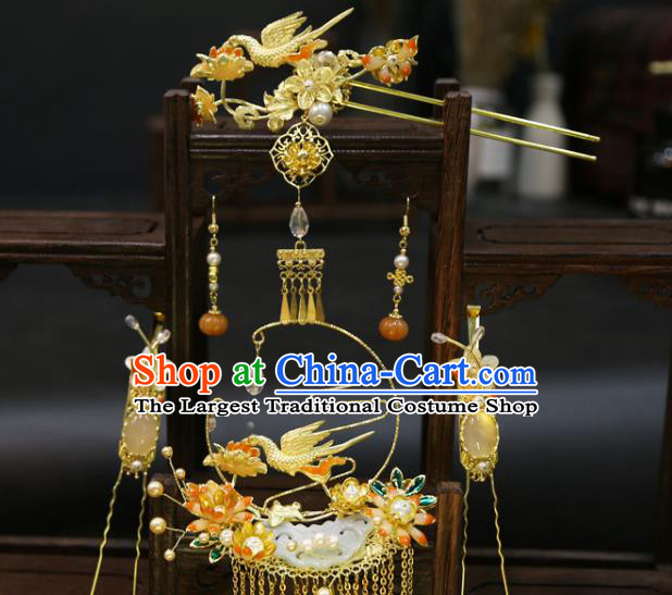 Chinese Wedding Golden Tassel Jade Hair Crown Classical Hair Accessories Traditional Xiuhe Suit Hairpins Full Set